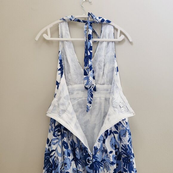 Women's SZ 8 London Times Blue Floral Halter Ruched Maxi Dress Beach Summer - Picture 6 of 8